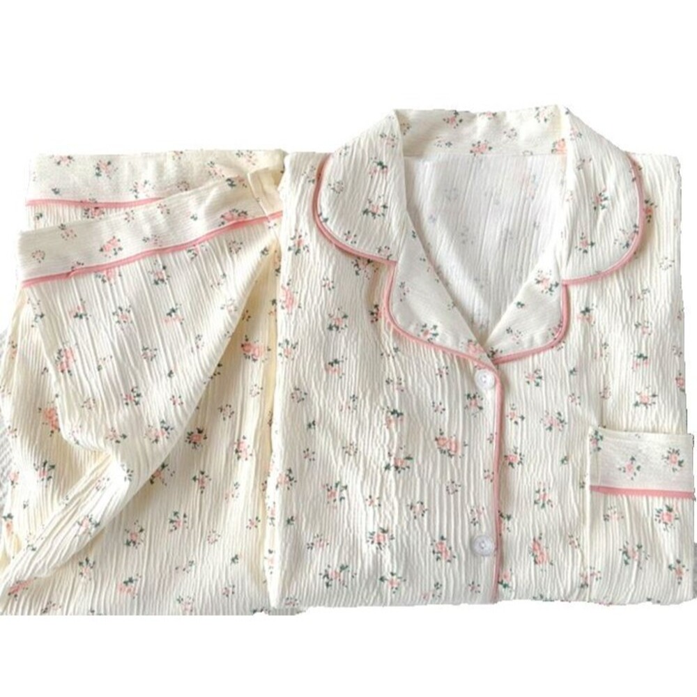 Womens  L Ivory Floral Pajama Set Long Sleeve Button Up Shirt Pants PJs Top